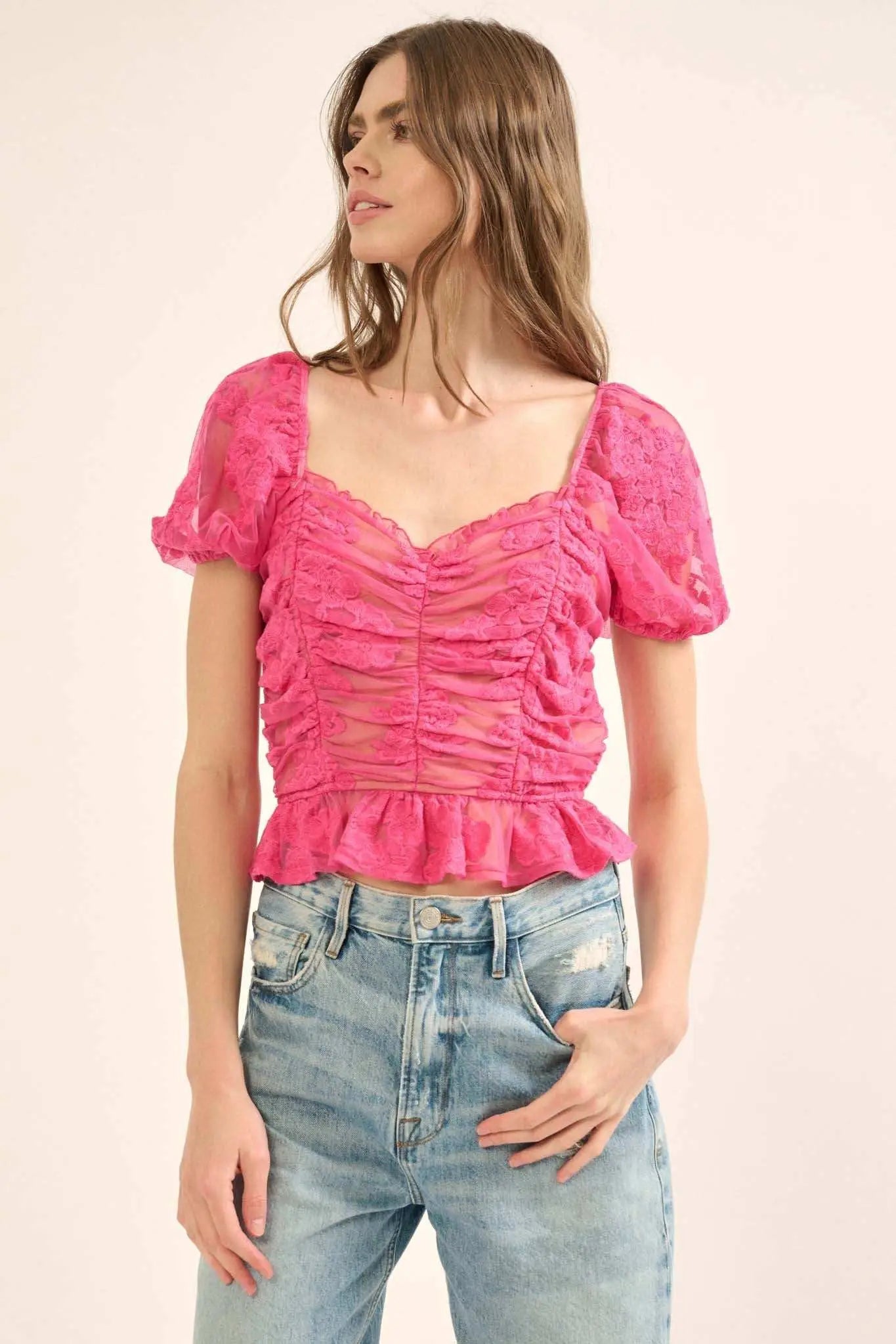 Heavenly Heart Embroidered Lace Puff-Sleeve Top