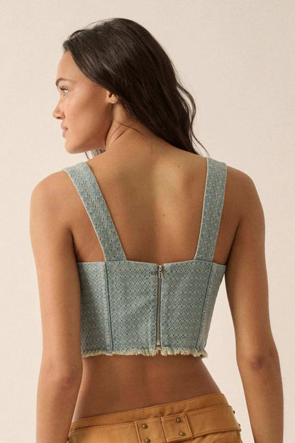Blue Skies Jacquard Denim Cropped Corset Tank Top