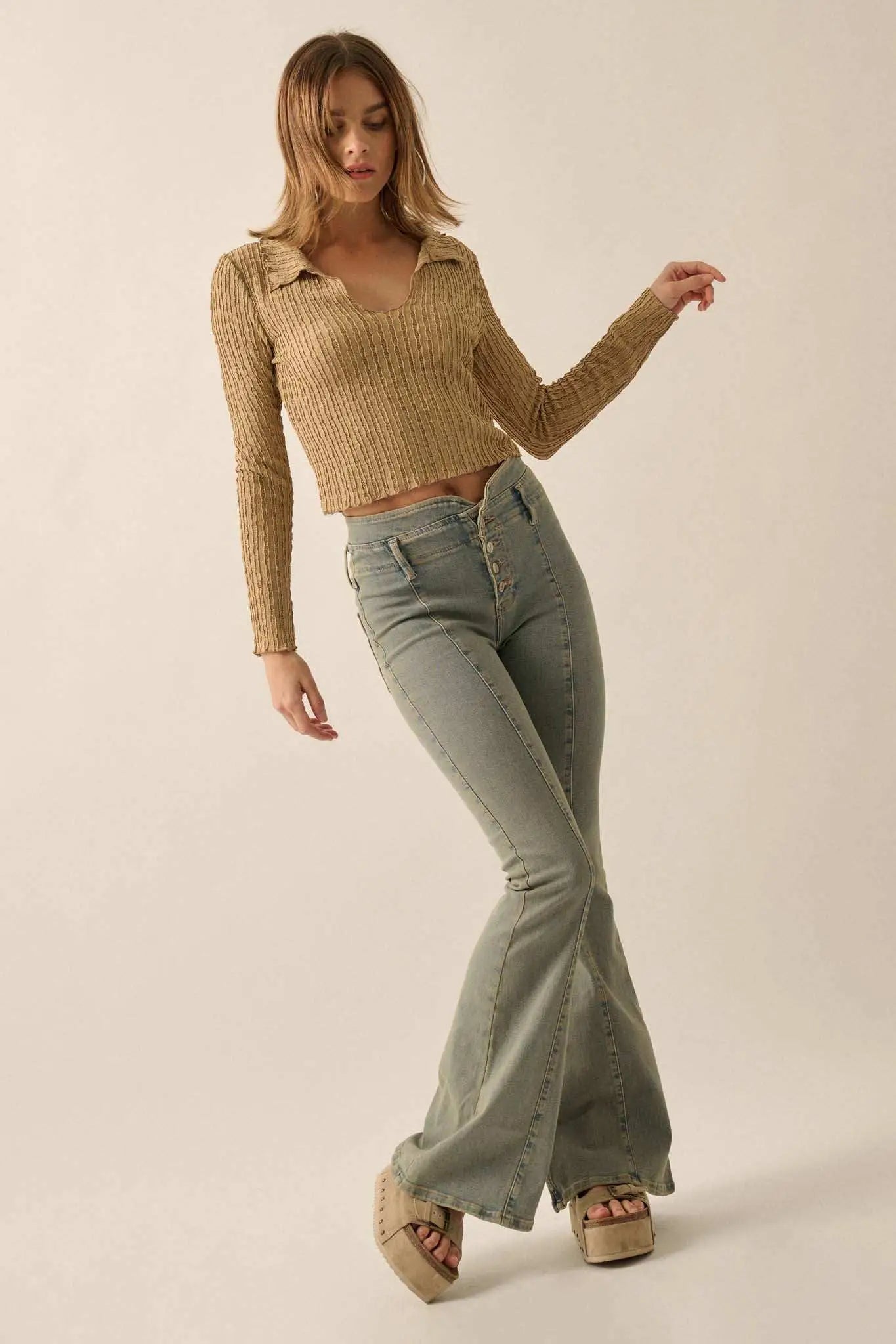Making Waves Striped Lace Collared V-neck Top