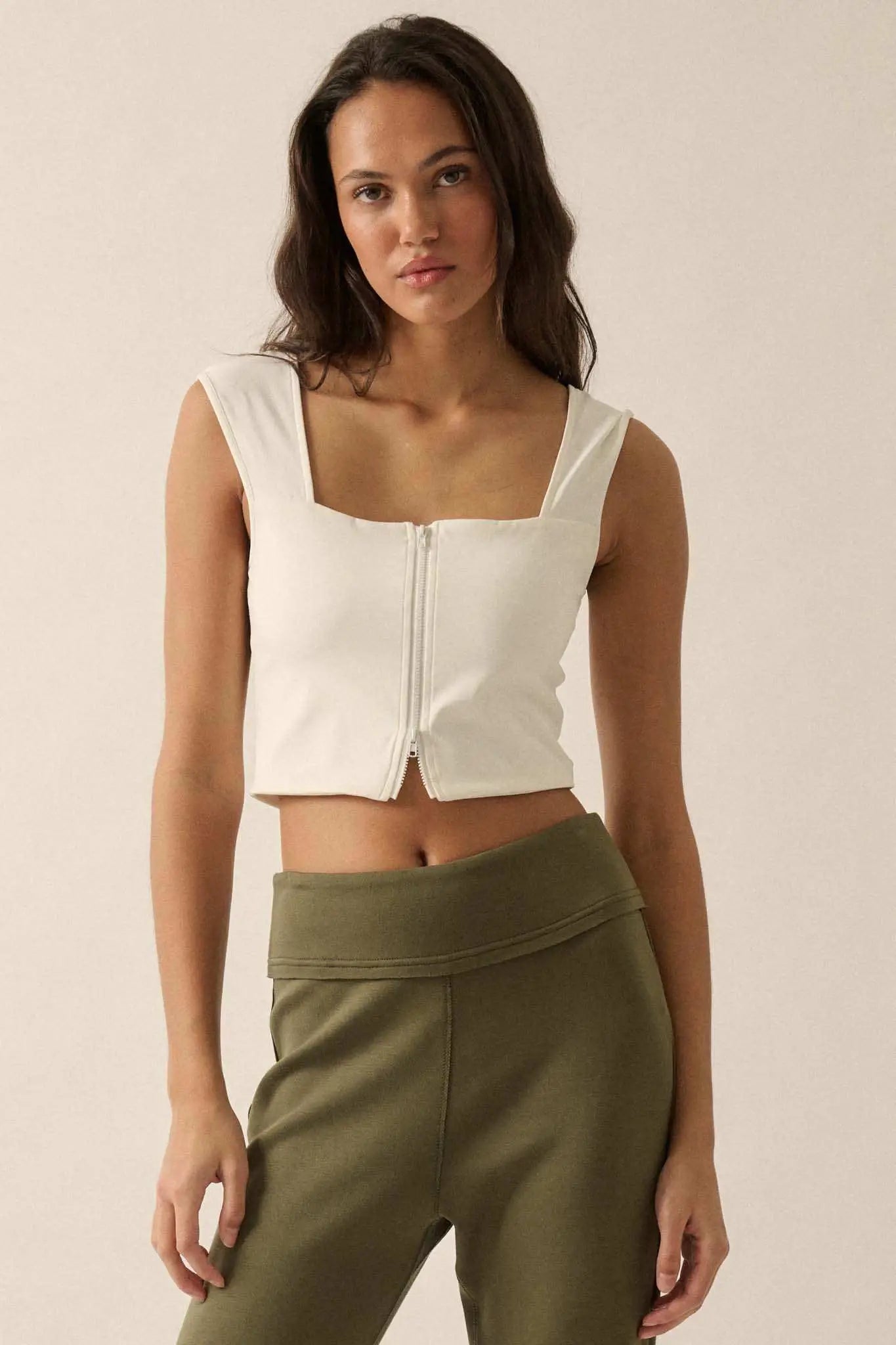 Lifted Fit Zip-Front Cropped Square-Neck Tank Top