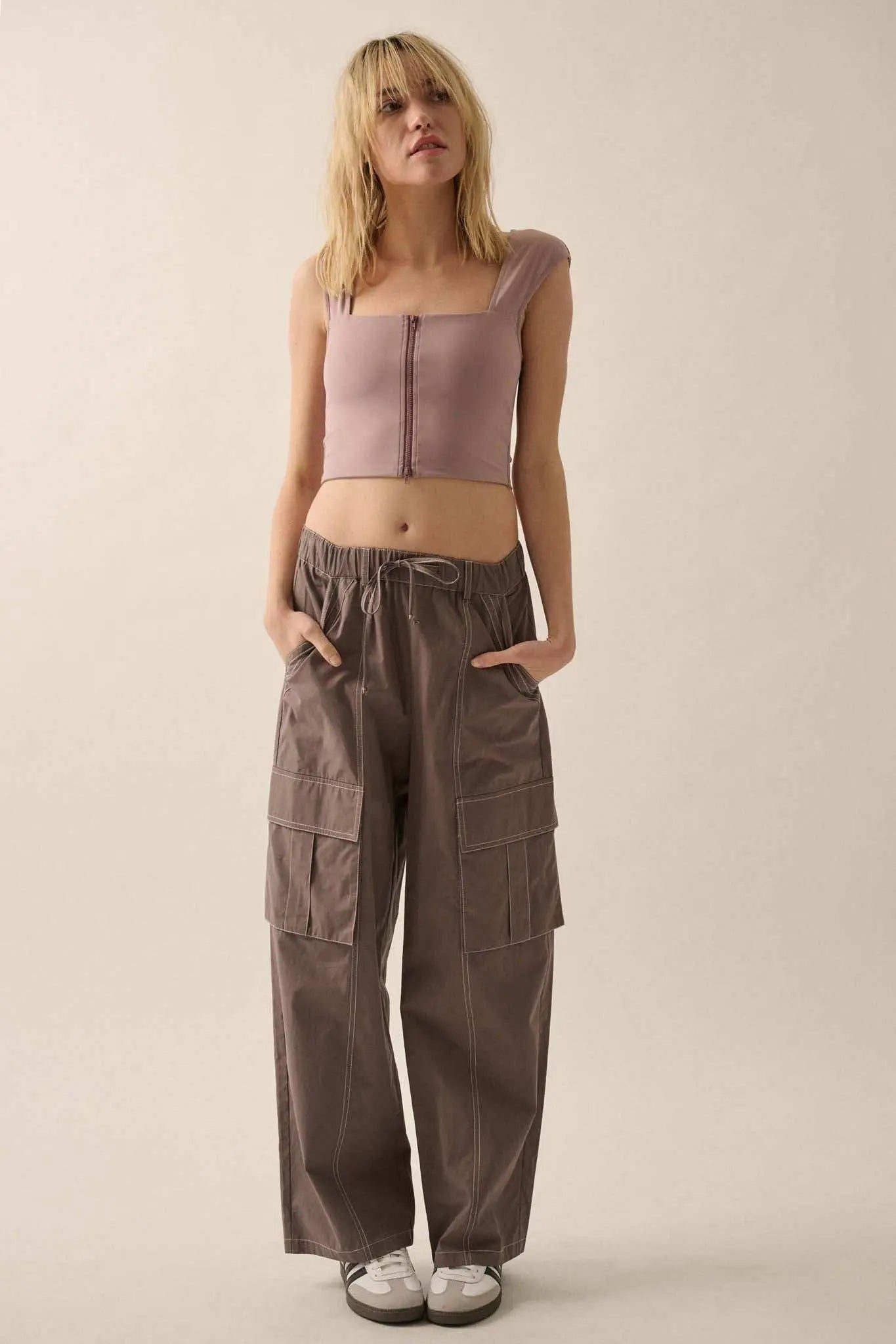 Lifted Fit Zip-Front Cropped Square-Neck Tank Top