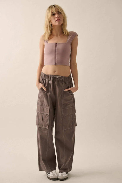 Lifted Fit Zip-Front Cropped Square-Neck Tank Top