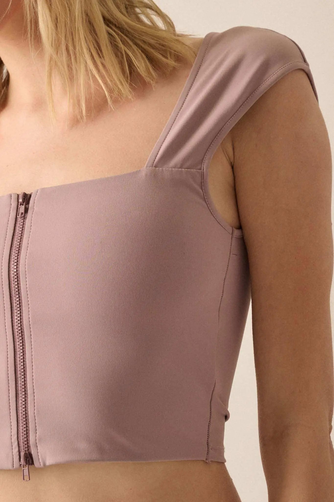Lifted Fit Zip-Front Cropped Square-Neck Tank Top