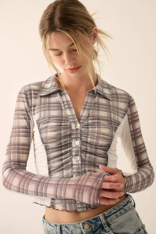 Plaid Behavior Ruched Mesh Cropped Button-Up Shirt