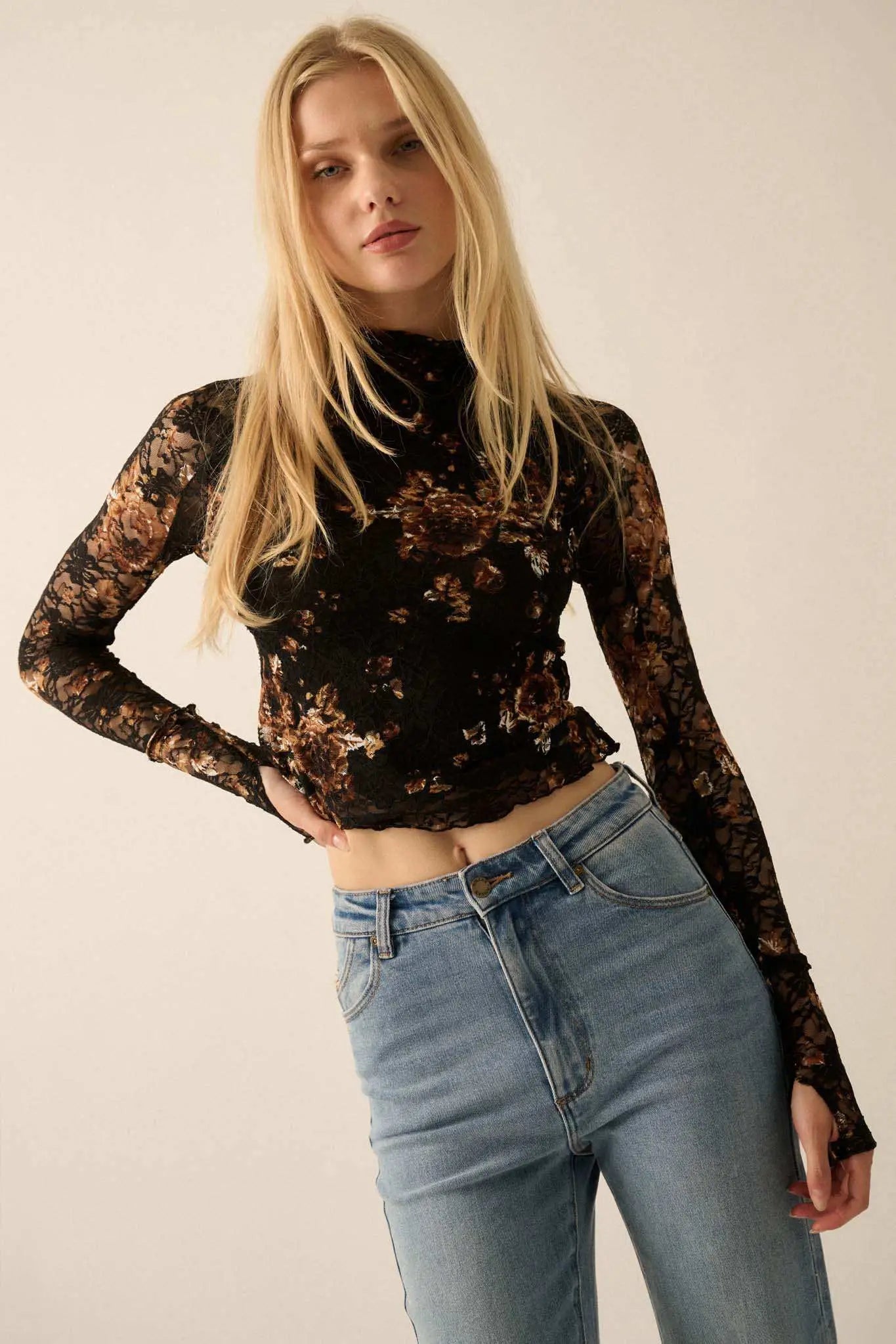 Golden Glow Floral-Print Lace Mock-Neck Top