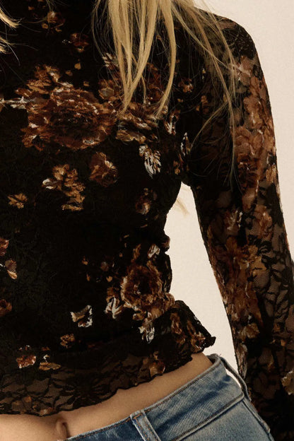 Golden Glow Floral-Print Lace Mock-Neck Top