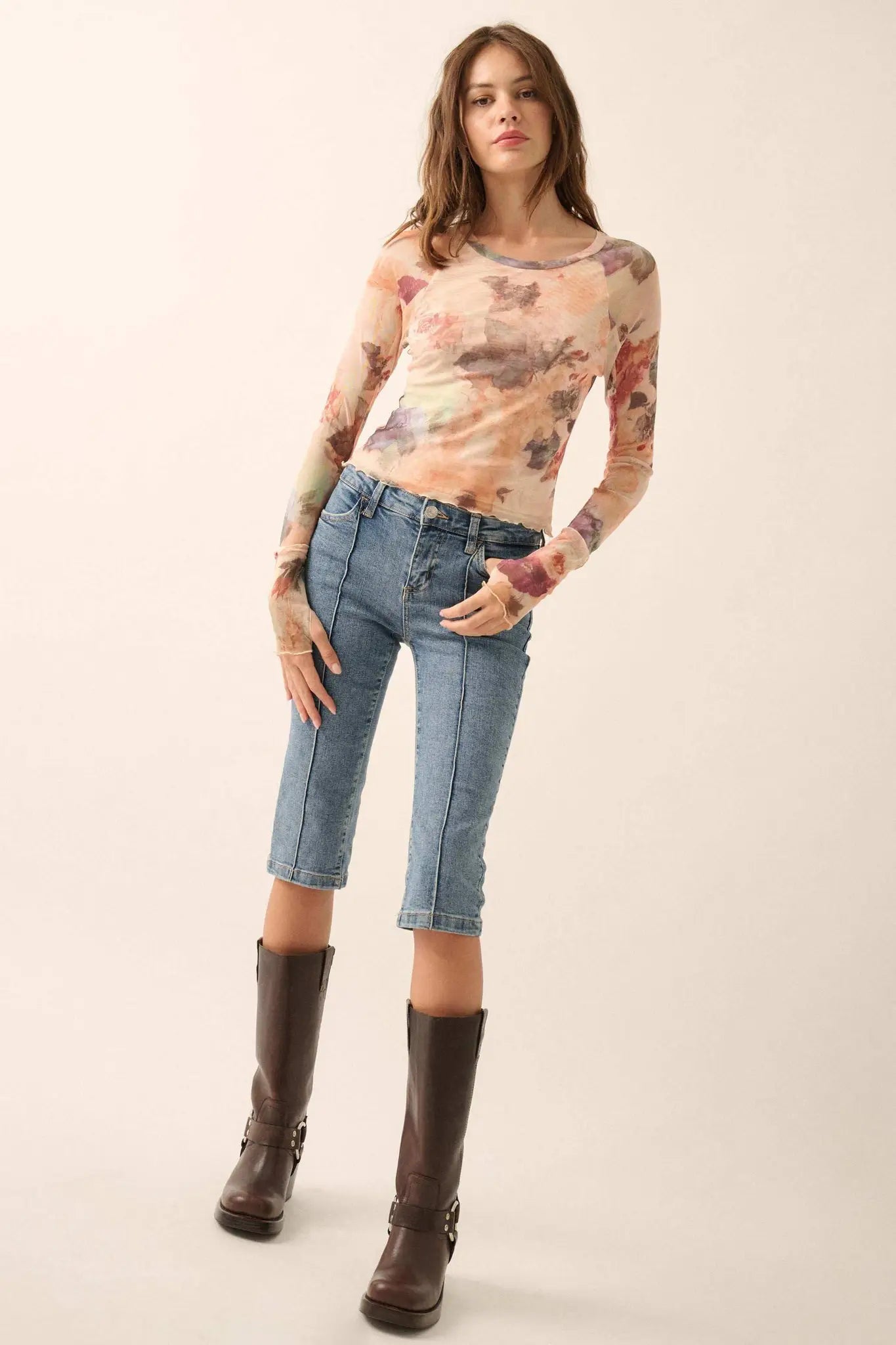 Blush Crush Floral-Print Mesh Thumbhole Top
