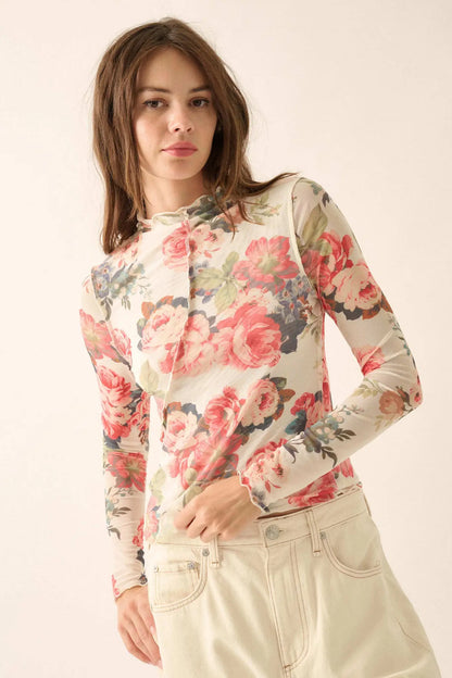 Blooming Heart Floral Mesh Exposed-Seam Top