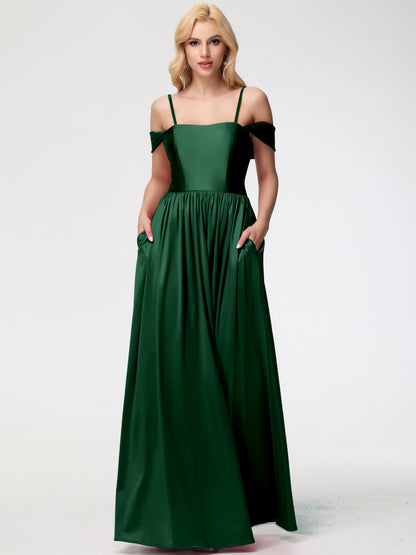 Stretch Satin Dark Green Bridesmaid Dresses Off The Shoulder Floor Length Stretch Satin Bridesmaid Dress With Pockets