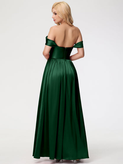 Stretch Satin Dark Green Bridesmaid Dresses Off The Shoulder Floor Length Stretch Satin Bridesmaid Dress With Pockets
