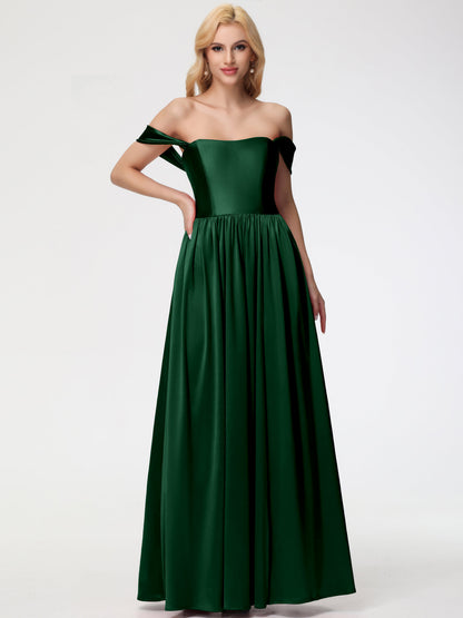 Stretch Satin Dark Green Bridesmaid Dresses Off The Shoulder Floor Length Stretch Satin Bridesmaid Dress With Pockets