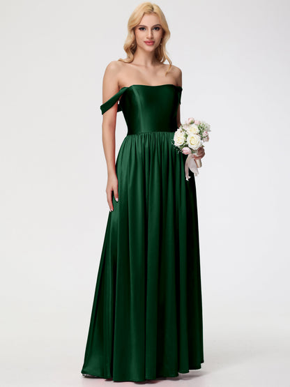 Stretch Satin Dark Green Bridesmaid Dresses Off The Shoulder Floor Length Stretch Satin Bridesmaid Dress With Pockets