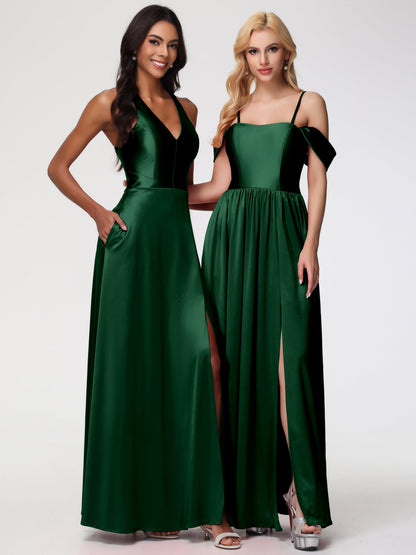 Stretch Satin Dark Green Bridesmaid Dresses Off The Shoulder Floor Length Stretch Satin Bridesmaid Dress With Pockets