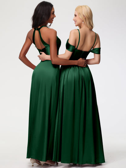 Stretch Satin Dark Green Bridesmaid Dresses Off The Shoulder Floor Length Stretch Satin Bridesmaid Dress With Pockets
