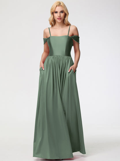 Olive Green Multiway Bridesmaid Dress Off The Shoulder Floor Length Stretch Satin Bridesmaid Dress With Pockets