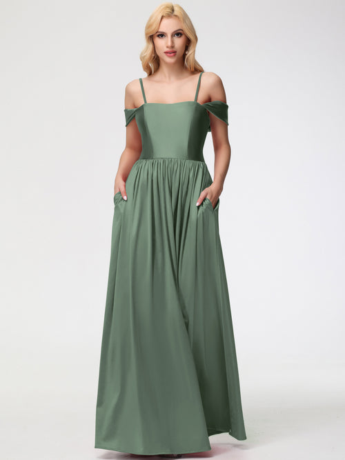 Olive Green Multiway Bridesmaid Dress Off The Shoulder Floor Length Stretch Satin Bridesmaid Dress With Pockets