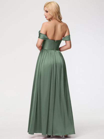 Olive Green Multiway Bridesmaid Dress Off The Shoulder Floor Length Stretch Satin Bridesmaid Dress With Pockets