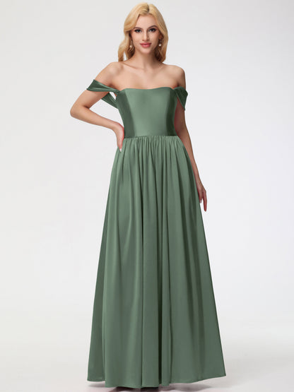Olive Green Multiway Bridesmaid Dress Off The Shoulder Floor Length Stretch Satin Bridesmaid Dress With Pockets