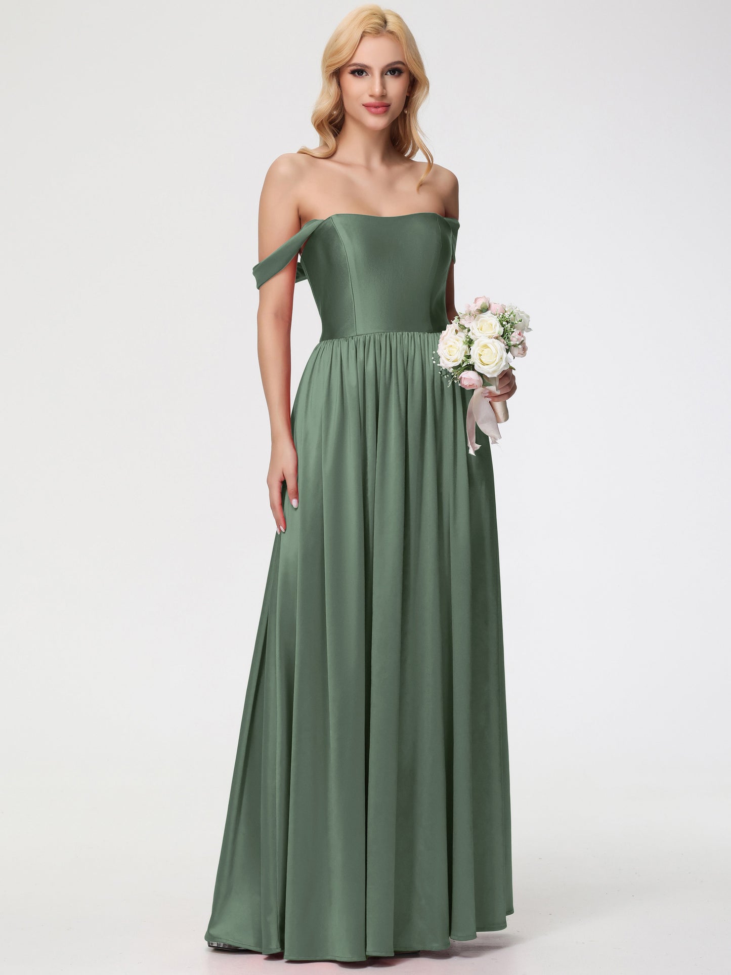 Olive Green Multiway Bridesmaid Dress Off The Shoulder Floor Length Stretch Satin Bridesmaid Dress With Pockets