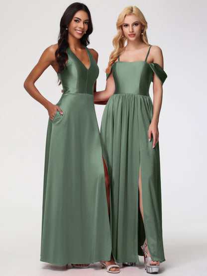 Olive Green Multiway Bridesmaid Dress Off The Shoulder Floor Length Stretch Satin Bridesmaid Dress With Pockets