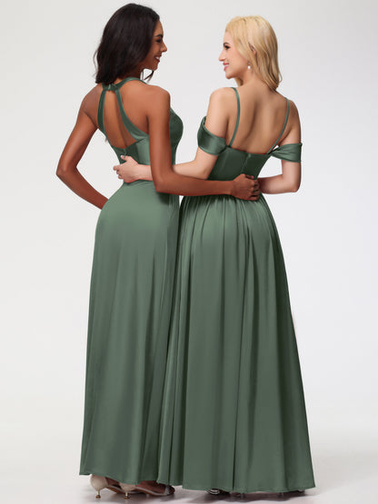 Olive Green Multiway Bridesmaid Dress Off The Shoulder Floor Length Stretch Satin Bridesmaid Dress With Pockets