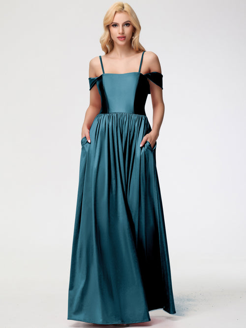 Peacock Color Bridesmaid Dresses Off The Shoulder Floor Length Stretch Satin Bridesmaid Dress With Pockets