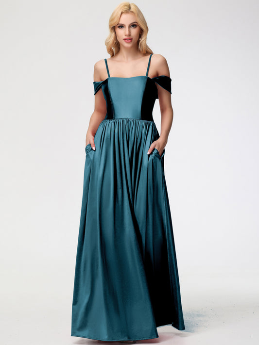 Peacock Color Bridesmaid Dresses Off The Shoulder Floor Length Stretch Satin Bridesmaid Dress With Pockets