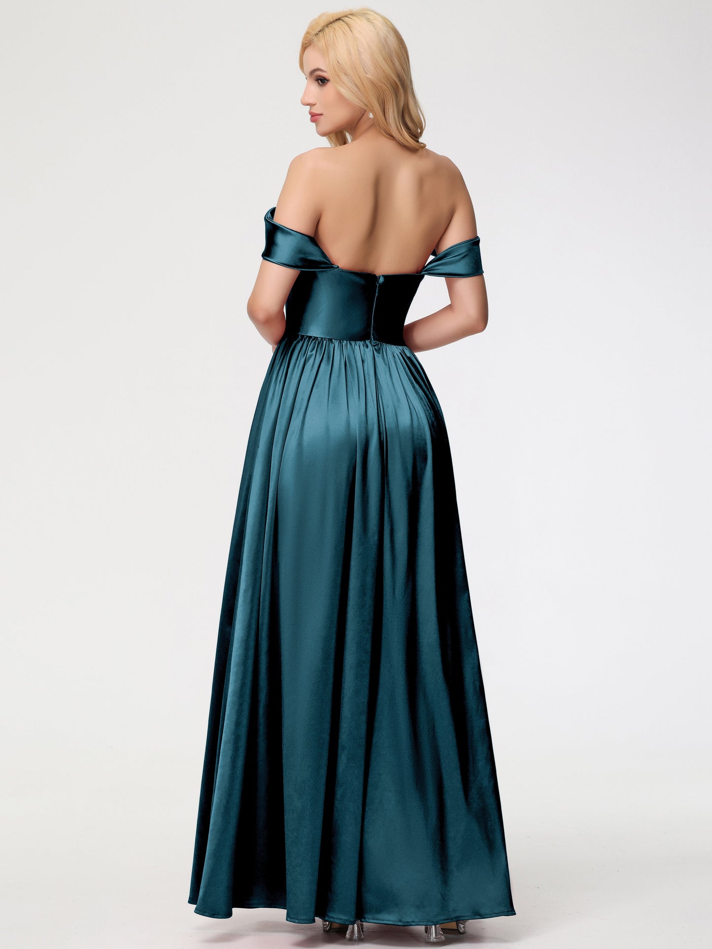 Peacock Color Bridesmaid Dresses Off The Shoulder Floor Length Stretch Satin Bridesmaid Dress With Pockets