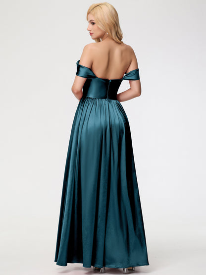 Peacock Color Bridesmaid Dresses Off The Shoulder Floor Length Stretch Satin Bridesmaid Dress With Pockets