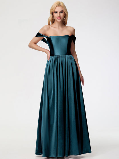 Peacock Color Bridesmaid Dresses Off The Shoulder Floor Length Stretch Satin Bridesmaid Dress With Pockets