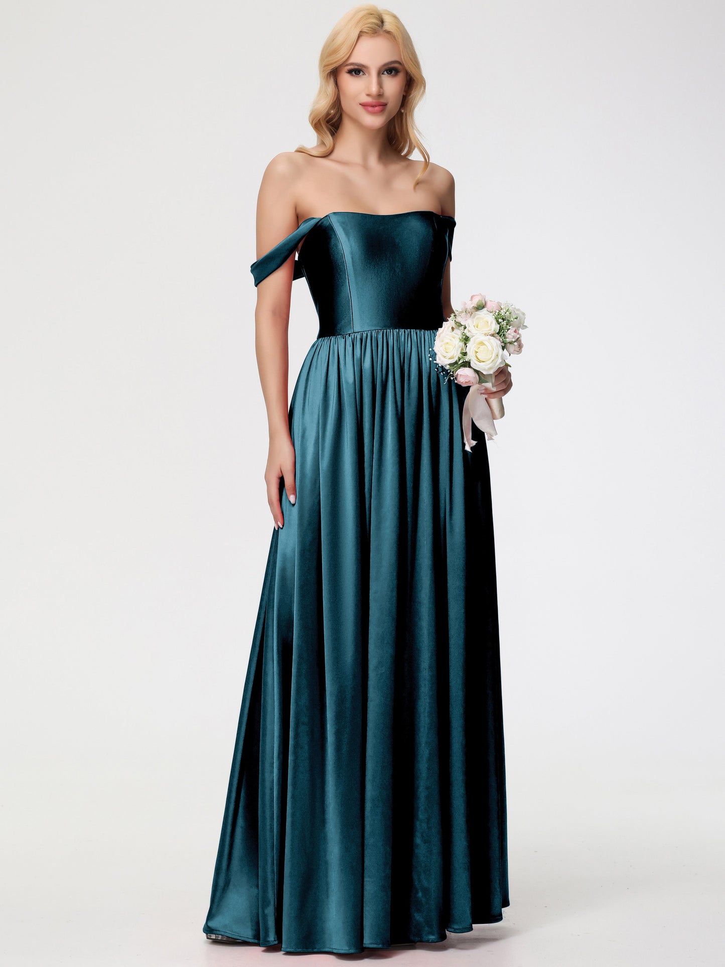 Peacock Color Bridesmaid Dresses Off The Shoulder Floor Length Stretch Satin Bridesmaid Dress With Pockets