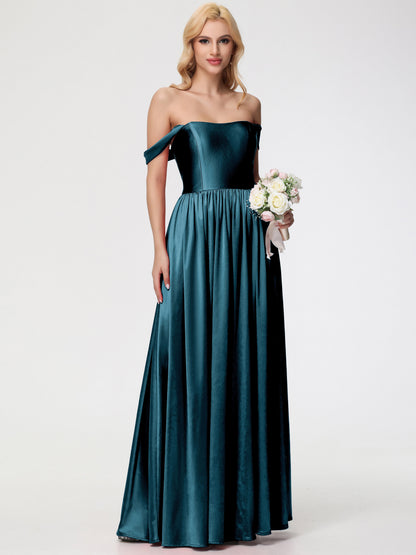 Peacock Color Bridesmaid Dresses Off The Shoulder Floor Length Stretch Satin Bridesmaid Dress With Pockets