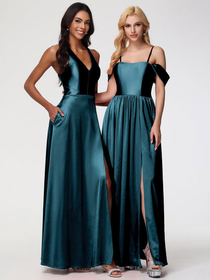 Peacock Color Bridesmaid Dresses Off The Shoulder Floor Length Stretch Satin Bridesmaid Dress With Pockets