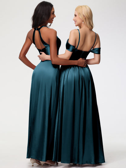 Peacock Color Bridesmaid Dresses Off The Shoulder Floor Length Stretch Satin Bridesmaid Dress With Pockets