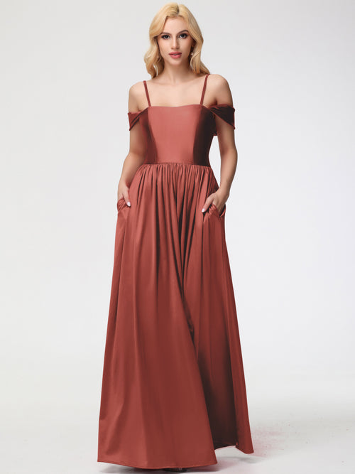 Rust Coloured Bridesmaid Dresses Off The Shoulder Floor Length Stretch Satin Bridesmaid Dress With Pockets