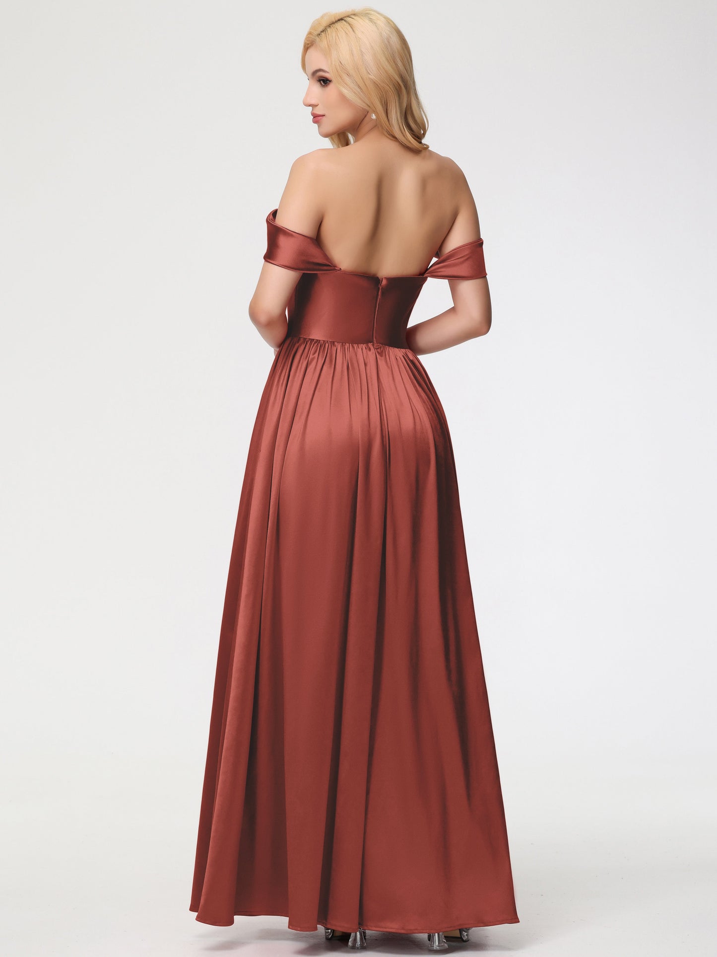 Rust Coloured Bridesmaid Dresses Off The Shoulder Floor Length Stretch Satin Bridesmaid Dress With Pockets