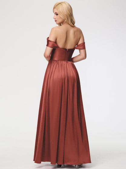 Rust Coloured Bridesmaid Dresses Off The Shoulder Floor Length Stretch Satin Bridesmaid Dress With Pockets