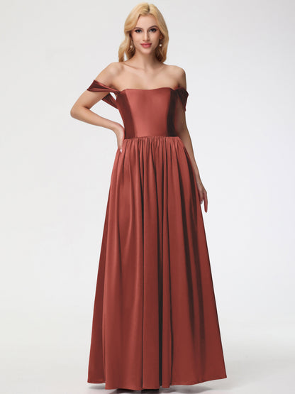 Rust Coloured Bridesmaid Dresses Off The Shoulder Floor Length Stretch Satin Bridesmaid Dress With Pockets