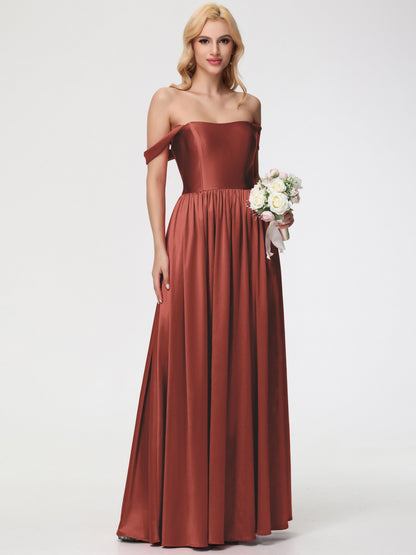 Rust Coloured Bridesmaid Dresses Off The Shoulder Floor Length Stretch Satin Bridesmaid Dress With Pockets