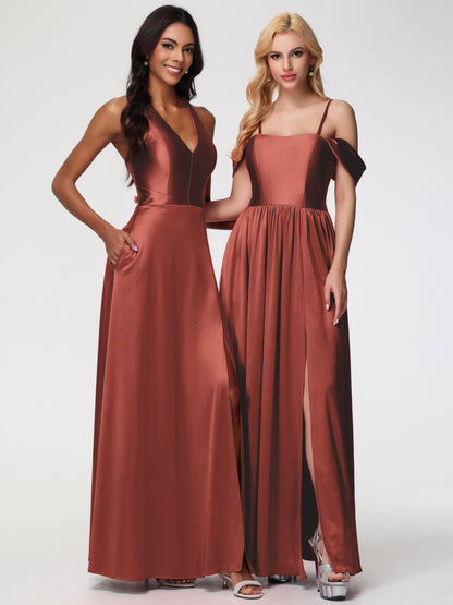 Rust Coloured Bridesmaid Dresses Off The Shoulder Floor Length Stretch Satin Bridesmaid Dress With Pockets