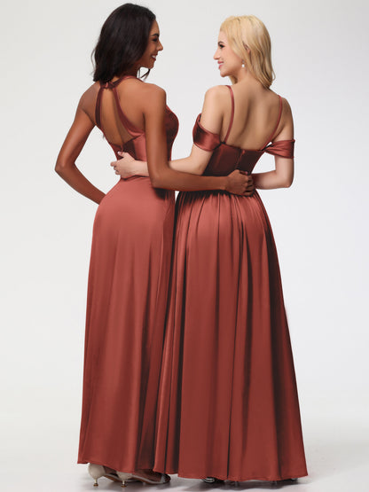 Rust Coloured Bridesmaid Dresses Off The Shoulder Floor Length Stretch Satin Bridesmaid Dress With Pockets