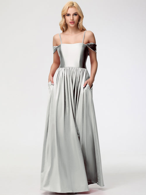 Silver Bridesmaids Dress Off The Shoulder Floor Length Stretch Satin Bridesmaid Dress With Pockets