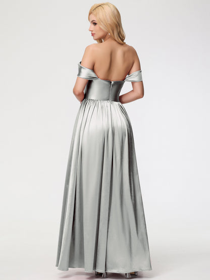 Silver Bridesmaids Dress Off The Shoulder Floor Length Stretch Satin Bridesmaid Dress With Pockets