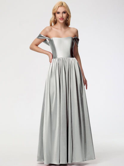 Silver Bridesmaids Dress Off The Shoulder Floor Length Stretch Satin Bridesmaid Dress With Pockets