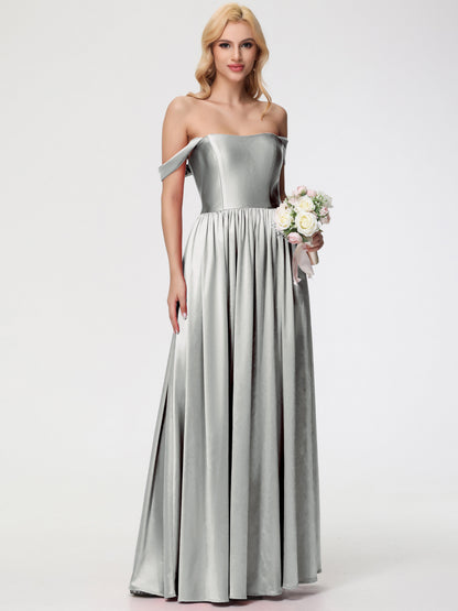Silver Bridesmaids Dress Off The Shoulder Floor Length Stretch Satin Bridesmaid Dress With Pockets