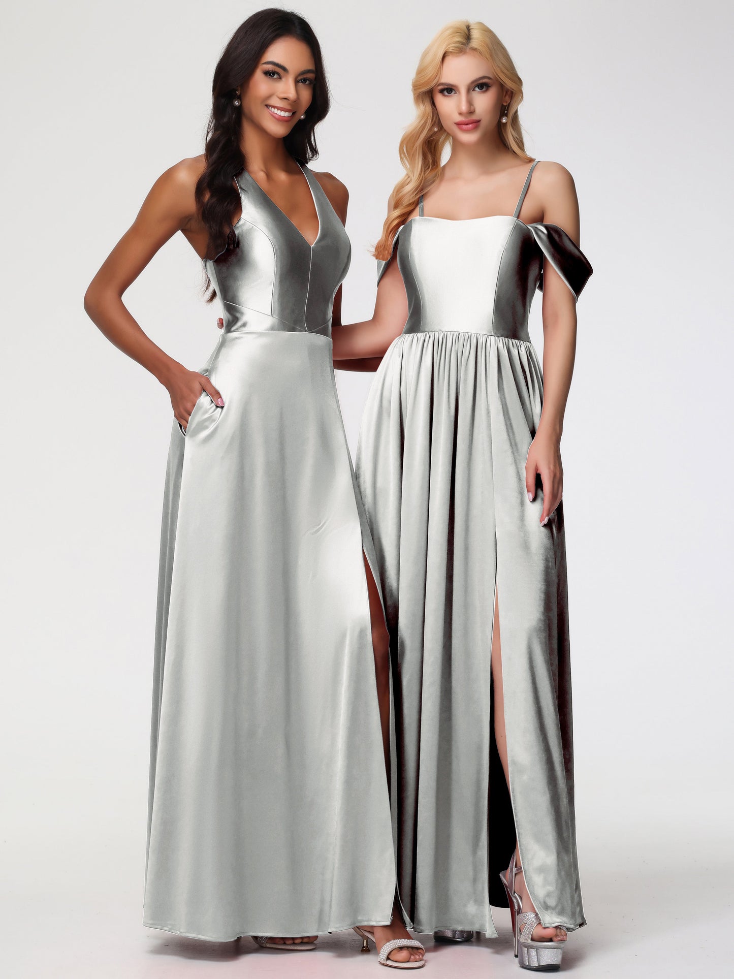 Silver Bridesmaids Dress Off The Shoulder Floor Length Stretch Satin Bridesmaid Dress With Pockets