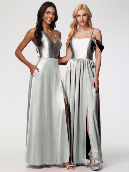 Silver Bridesmaids Dress Off The Shoulder Floor Length Stretch Satin Bridesmaid Dress With Pockets