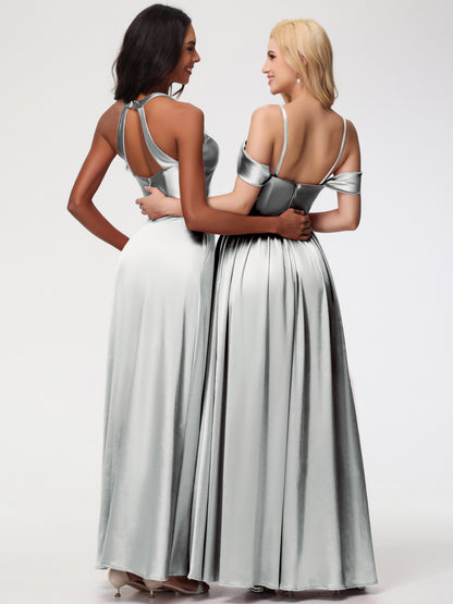 Silver Bridesmaids Dress Off The Shoulder Floor Length Stretch Satin Bridesmaid Dress With Pockets