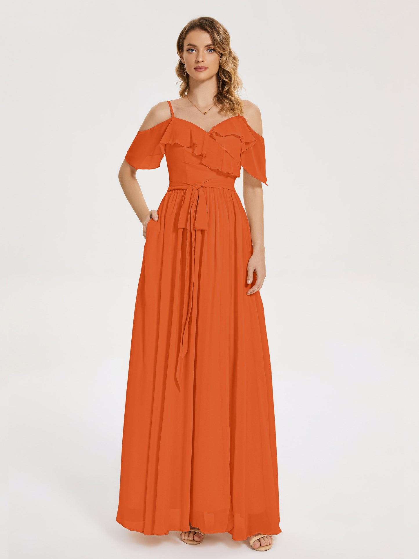 Thea Off the Shoulder Slit Chiffon Bridesmaid Dress