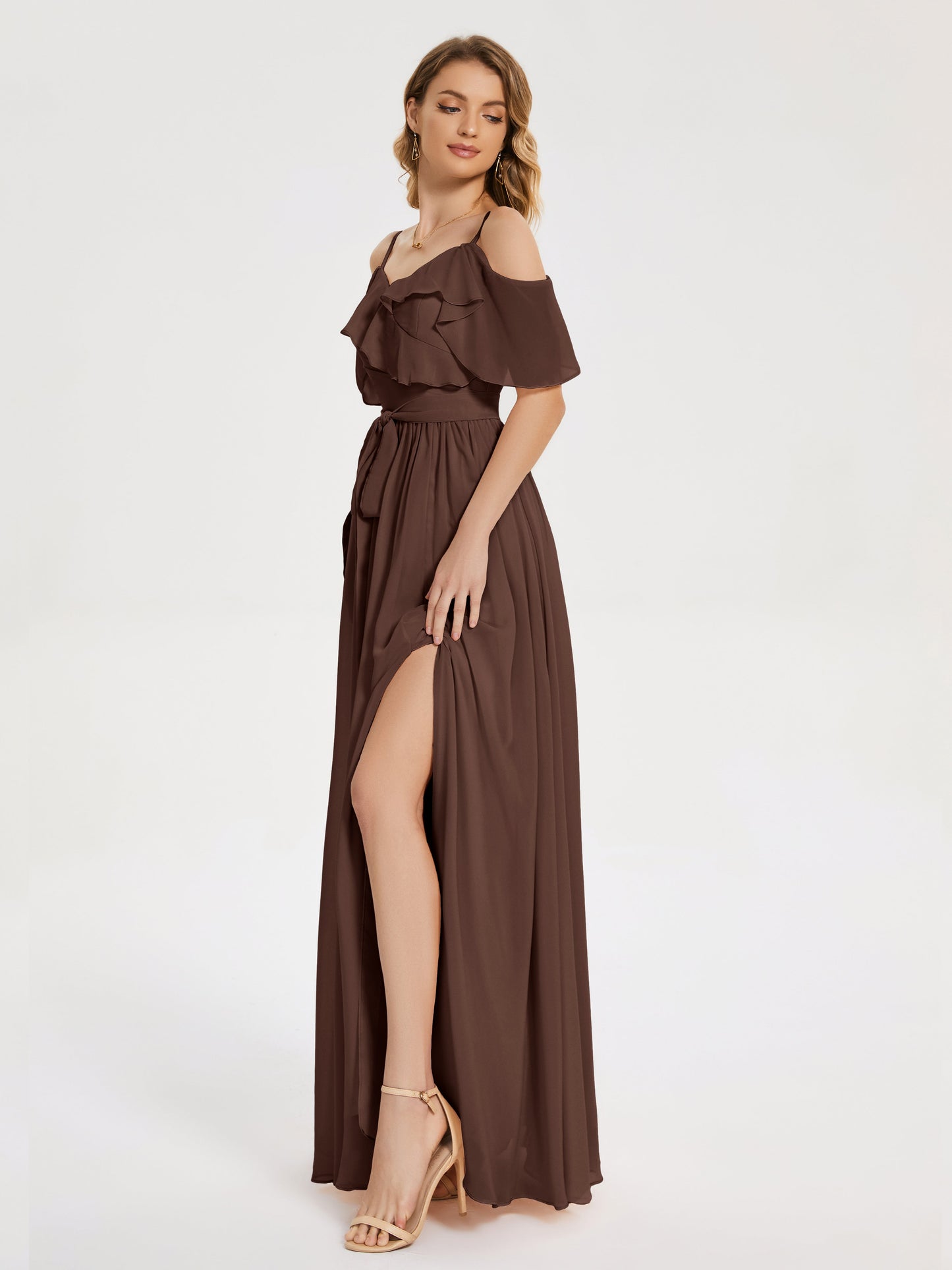 Thea Off the Shoulder Slit Chiffon Bridesmaid Dress